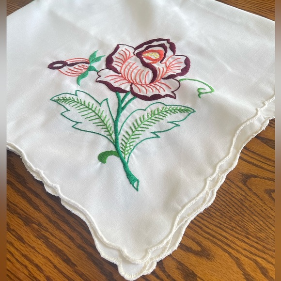 Rose embroidered tea table cloth ~32” square - Picture 2 of 6